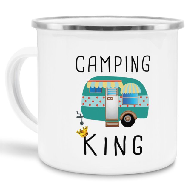 Die große Emailletasse mit lustigem Spruch - Camping King - ist eine tolle Geschenkidee für Campingfans und ein Must-have für jedes Wohnmobil. Mit...