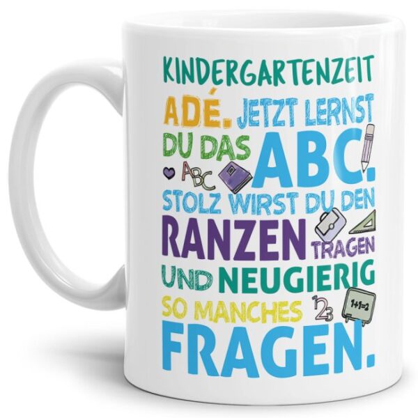 Tschüss Kindergartenzeit - Hallo Schule! Unsere liebevoll gestalteten Tassen sind eine tolle Geschenk-Idee und eine schöne Erinnerung an die bunte...