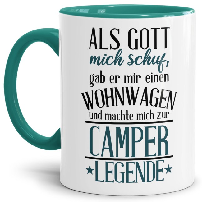 Unsere Tasse mit lustigem Camping-Spruch in Türkis - Camperlegende - ist eine tolle Geschenkidee für Campingfreunde zu jedem Anlass und gehört in...