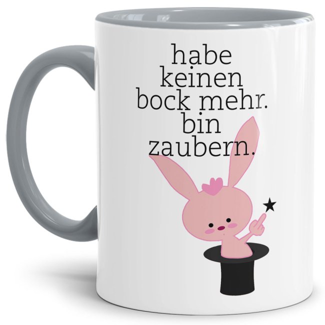 Unsere lustige graue Kaffeetasse mit dem bocklosen Hasi passt in jede Lebenslage und zu jeder Situation