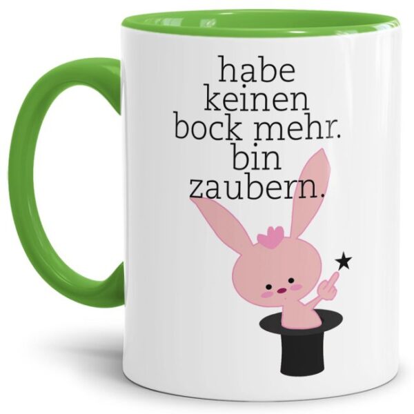 Unsere lustige hellgrüne Kaffeetasse mit dem bocklosen Hasi passt in jede Lebenslage und zu jeder Situation