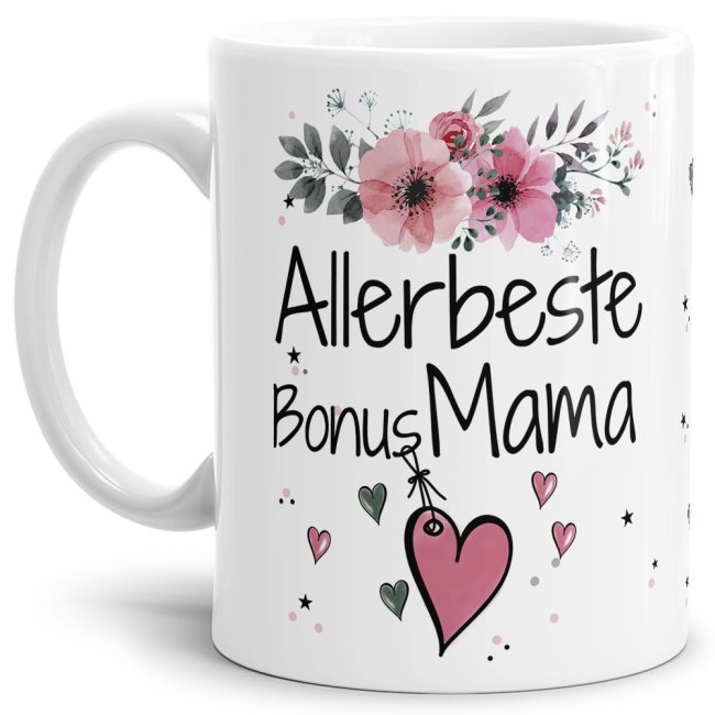 Einfach mal DANKE sagen - für die allerbeste Bonus-Mama - über diesen Kaffeebecher mit dem liebevoll designten Blumenmotiv freut sich garantiert...