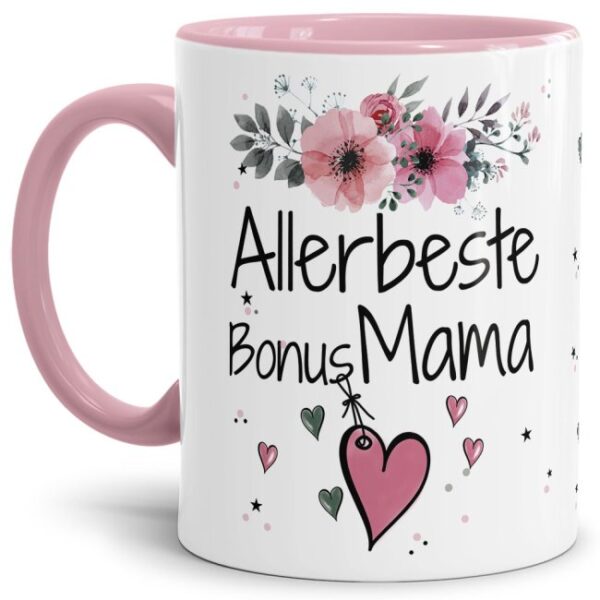 Einfach mal DANKE sagen - für die allerbeste Bonus-Mama - über diesen Kaffeebecher mit dem liebevoll designten Blumenmotiv freut sich garantiert...