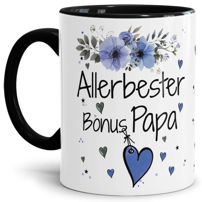 Einfach mal DANKE sagen - für den allerbesten Bonus-Papa - über diesen Kaffeebecher mit dem liebevoll designten Blumenmotiv freut sich garantiert...