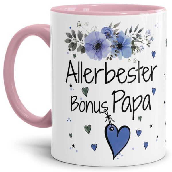 Einfach mal DANKE sagen - für den allerbesten Bonus-Papa - über diesen Kaffeebecher mit dem liebevoll designten Blumenmotiv freut sich garantiert...