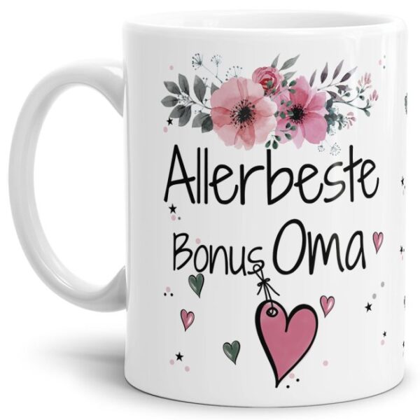 Einfach mal DANKE sagen - für die allerbeste Bonus-Oma - über diesen Kaffeebecher mit dem liebevoll designten Blumenmotiv freut sich garantiert...