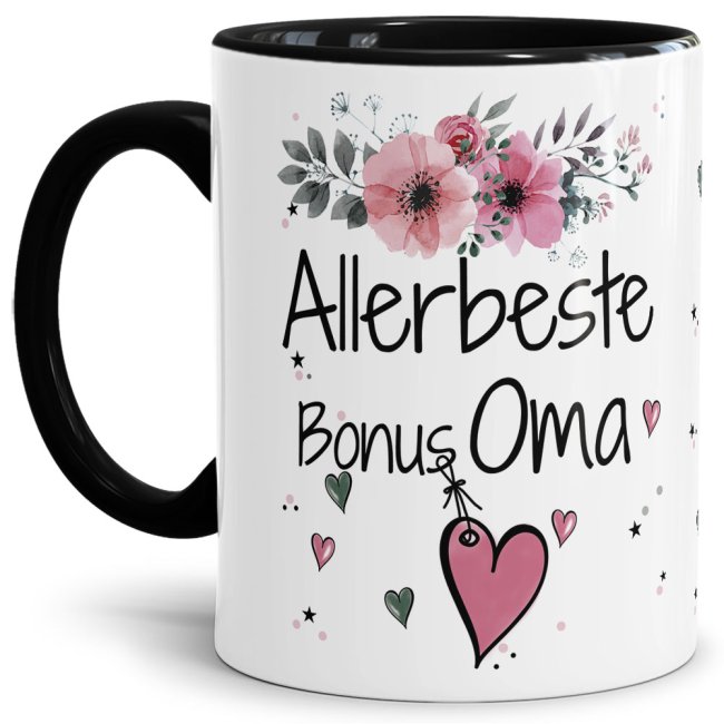 Einfach mal DANKE sagen - für die allerbeste Bonus-Oma - über diesen Kaffeebecher mit dem liebevoll designten Blumenmotiv freut sich garantiert...