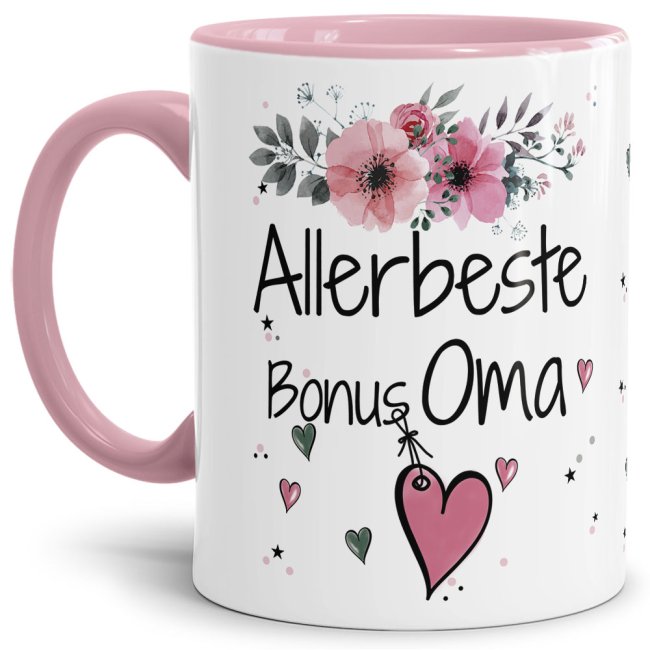 Einfach mal DANKE sagen - für die allerbeste Bonus-Oma - über diesen Kaffeebecher mit dem liebevoll designten Blumenmotiv freut sich garantiert...