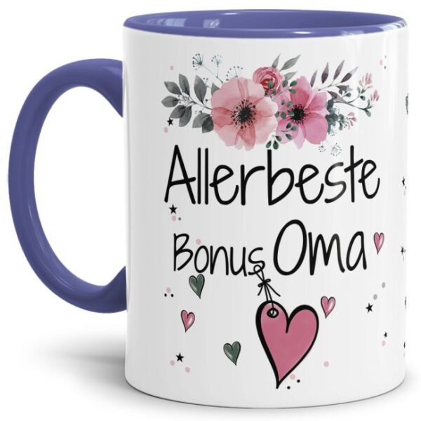 Einfach mal DANKE sagen - für die allerbeste Bonus-Oma - über diesen Kaffeebecher mit dem liebevoll designten Blumenmotiv freut sich garantiert...