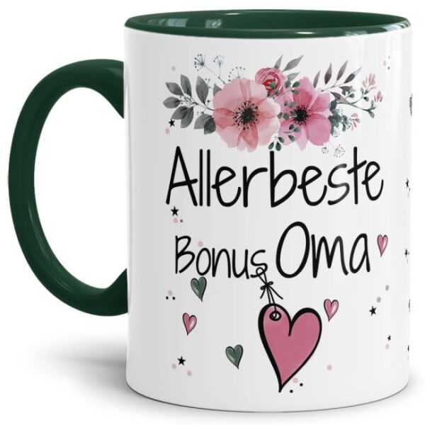 Einfach mal DANKE sagen - für die allerbeste Bonus-Oma - über diesen Kaffeebecher mit dem liebevoll designten Blumenmotiv freut sich garantiert...