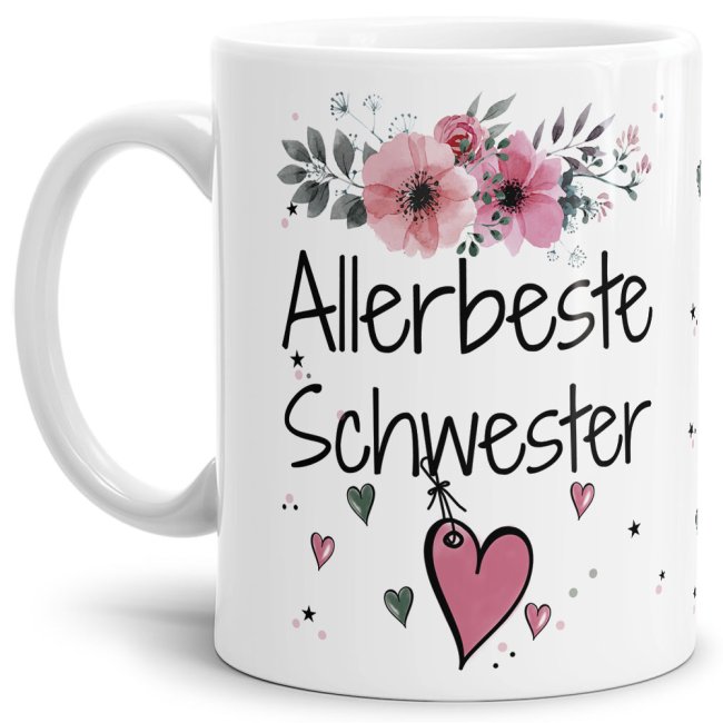 Einfach mal DANKE sagen - für die allerbeste Schwester - über diesen Kaffeebecher mit dem liebevoll designten Blumenmotiv freut sich garantiert...