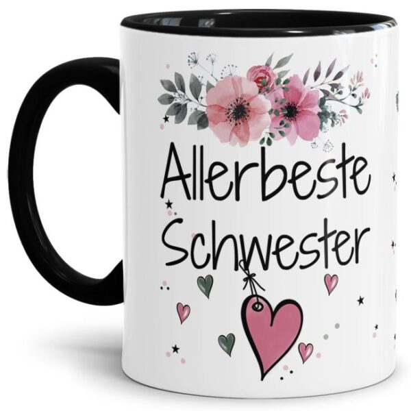 Einfach mal DANKE sagen - für die allerbeste Schwester - über diesen Kaffeebecher mit dem liebevoll designten Blumenmotiv freut sich garantiert...