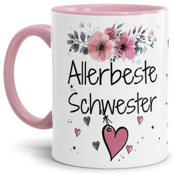 Einfach mal DANKE sagen - für die allerbeste Schwester - über diesen Kaffeebecher mit dem liebevoll designten Blumenmotiv freut sich garantiert...