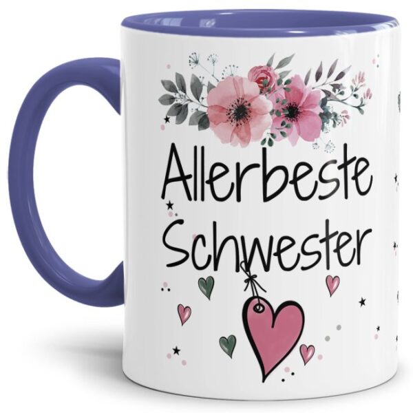 Einfach mal DANKE sagen - für die allerbeste Schwester - über diesen Kaffeebecher mit dem liebevoll designten Blumenmotiv freut sich garantiert...