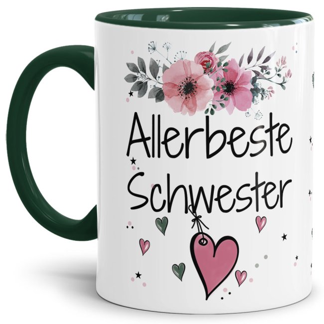 Einfach mal DANKE sagen - für die allerbeste Schwester - über diesen Kaffeebecher mit dem liebevoll designten Blumenmotiv freut sich garantiert...