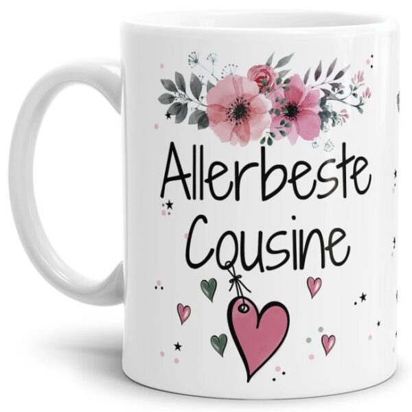 Einfach mal DANKE sagen - für die allerbeste Cousine - über diesen Kaffeebecher mit dem liebevoll designten Blumenmotiv freut sich garantiert jede...