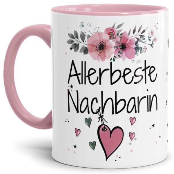 Einfach mal DANKE sagen - für die allerbeste Nachbarin - über diesen Kaffeebecher mit dem liebevoll designten Blumenmotiv freut sich garantiert...