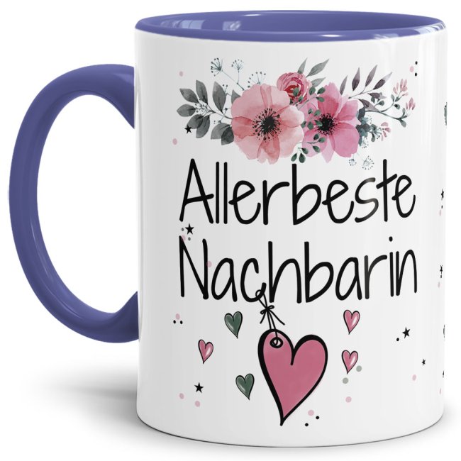 Einfach mal DANKE sagen - für die allerbeste Nachbarin - über diesen Kaffeebecher mit dem liebevoll designten Blumenmotiv freut sich garantiert...