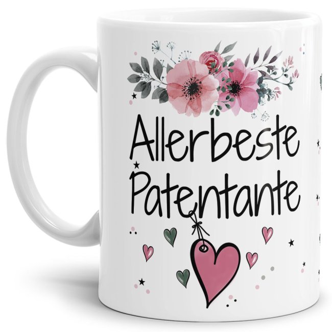 Einfach mal DANKE sagen - für die allerbeste Patentante - über diesen Kaffeebecher mit dem liebevoll designten Blumenmotiv freut sich garantiert...