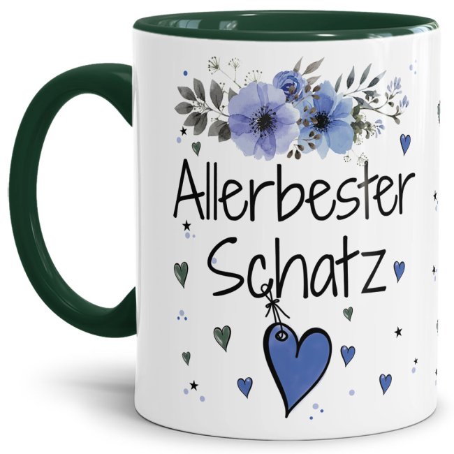 Einfach mal DANKE sagen - für den allerbesten Schatz - über diesen Kaffeebecher mit dem liebevoll designten Blumenmotiv in Blau freut sich...