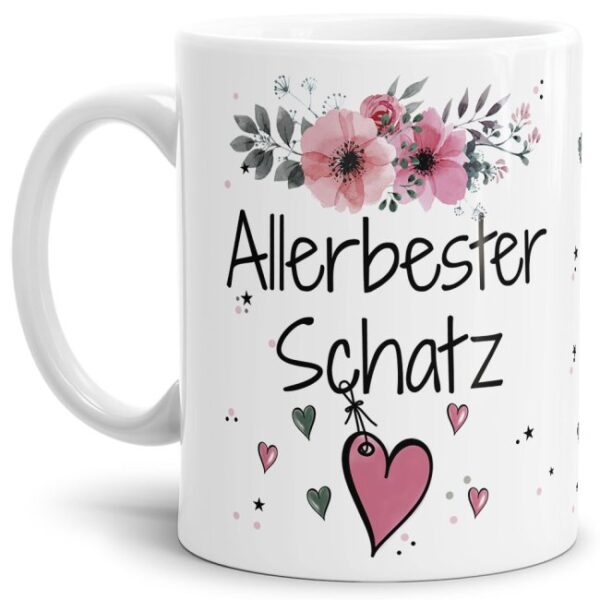 Einfach mal DANKE sagen - für den allerbesten Schatz - über diesen Kaffeebecher mit dem liebevoll designten Blumenmotiv in Rosa freut sich...