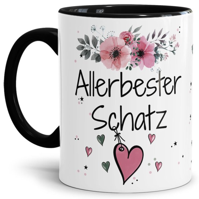 Einfach mal DANKE sagen - für den allerbesten Schatz - über diesen Kaffeebecher mit dem liebevoll designten Blumenmotiv in Rosa freut sich...