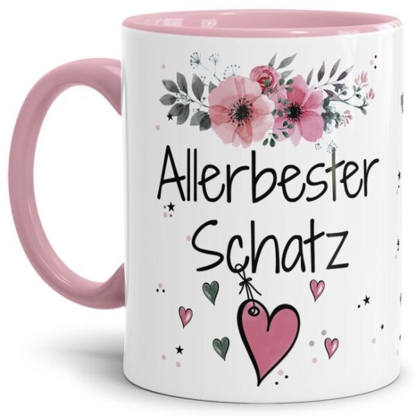 Einfach mal DANKE sagen - für den allerbesten Schatz - über diesen Kaffeebecher mit dem liebevoll designten Blumenmotiv in Rosa freut sich...