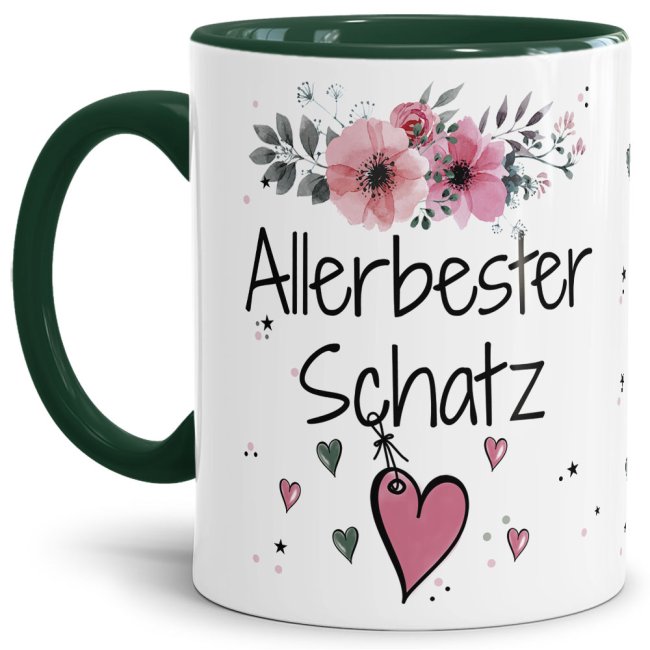 Einfach mal DANKE sagen - für den allerbesten Schatz - über diesen Kaffeebecher mit dem liebevoll designten Blumenmotiv in Rosa freut sich...