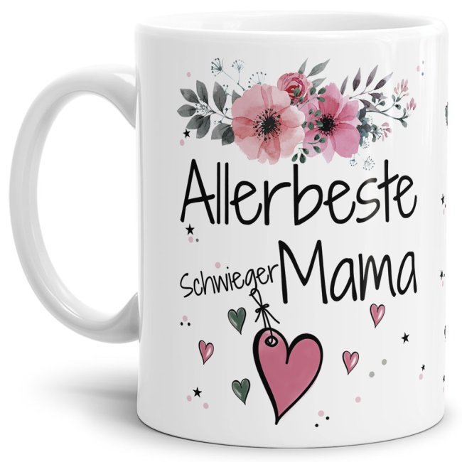 Einfach mal DANKE sagen - für die allerbeste Schwiegermama - über diesen Kaffeebecher mit dem liebevoll designten Blumenmotiv freut sich garantiert...