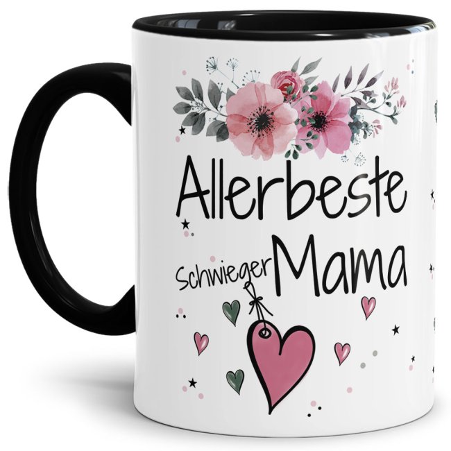 Einfach mal DANKE sagen - für die allerbeste Schwiegermama - über diesen Kaffeebecher mit dem liebevoll designten Blumenmotiv freut sich garantiert...