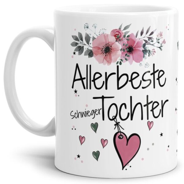 Einfach mal DANKE sagen - für die allerbeste Schwiegertochter - über diesen Kaffeebecher mit dem liebevoll designten Blumenmotiv freut sich...