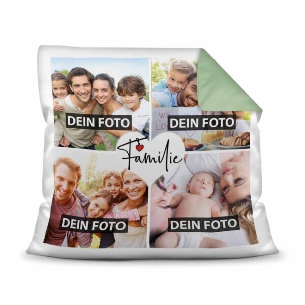 Kissen mit Fotocollage und passendem Spruch inklusive Kissenfüllung - Familie - zum selbst Gestalten mit vier eigenen Fotos. Eine sehr persönliche...