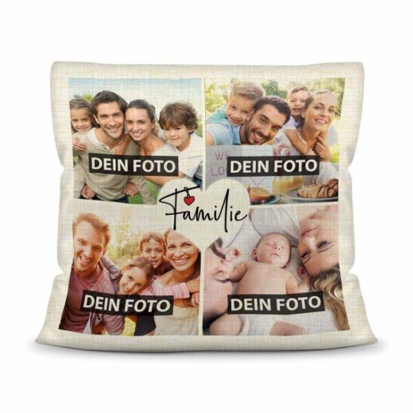 Kissen mit Fotocollage und passendem Spruch inklusive Kissenfüllung in Leinenoptik - Familie - zum selbst Gestalten mit vier eigenen Fotos. Eine...