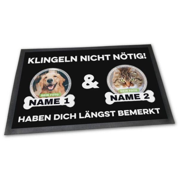 Fußabtreter mit Hunde-Spruch - Klingeln nicht nötig" mit Fotos & Namen selbst gestalten. Mit dieser Fußmatte direkt an der Haustür ein Statement..."