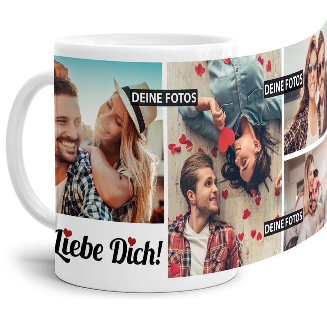 Besondere Tasse mit Fotocollage zum selbst Gestalten mit 4 Erinnerungsfotos für Ihren Lieblingsmenschen. Eine tolle Geschenkidee zum Jahrestag