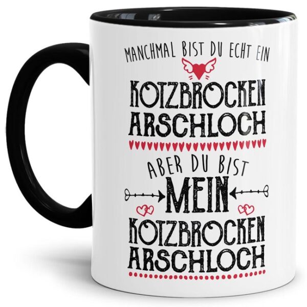 Bedruckte Kaffeetasse aus hochwertiger Keramik mit schwarzem Akzent und lustigem Spruch für den liebsten Mann oder Freund