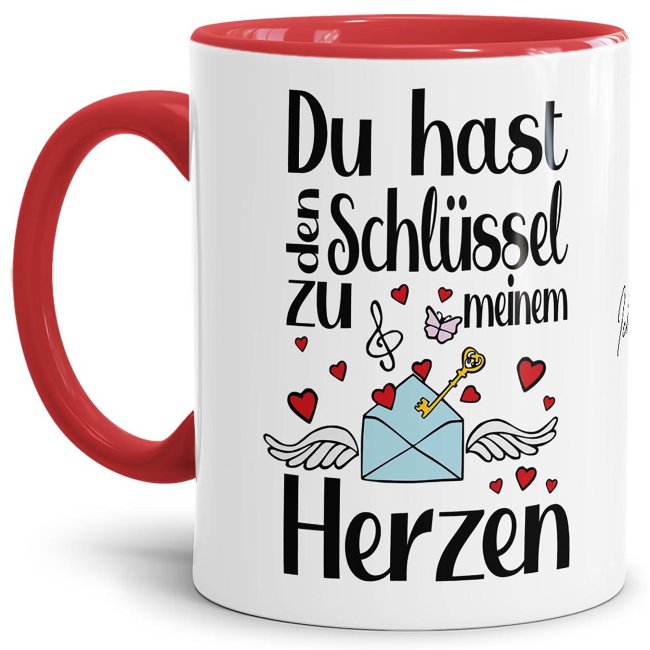 Du hast den Schlüssel zu meinem Herzen - das klingt einfach toll und sagt alles - über diese liebevoll gestaltete Tasse mit rotem Akzent aus...