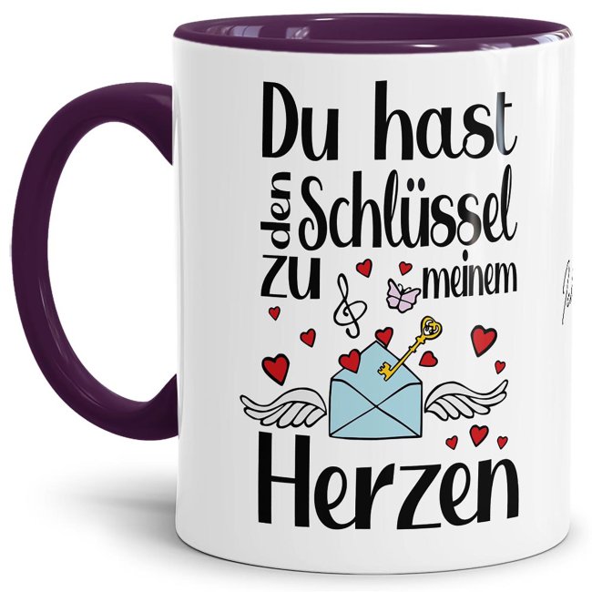 Du hast den Schlüssel zu meinem Herzen - das klingt einfach toll und sagt alles - über diese liebevoll gestaltete Tasse mit violettem Akzent aus...