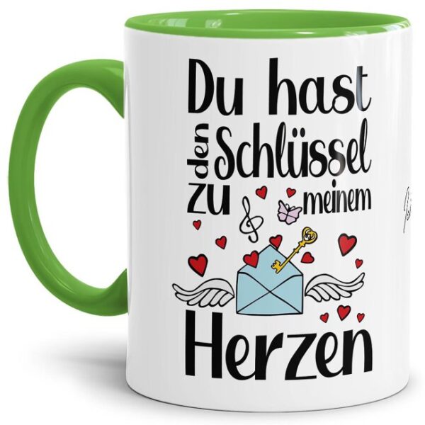 Du hast den Schlüssel zu meinem Herzen - das klingt einfach toll und sagt alles - über diese liebevoll gestaltete Tasse mit hellgrünem Akzent aus...