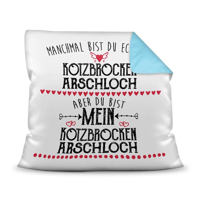 Besonderes Kissen mit hellblauem Akzent und lustigem Spruch - ein spezielles Geschenk für alle Männer