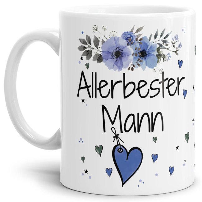 Liebevoll gestaltete Motivtasse - Weiß - mit süßem Spruch - Allerbester Mann. Ganz persönliches und originelles Geschenk und süße Liebeserklärung...