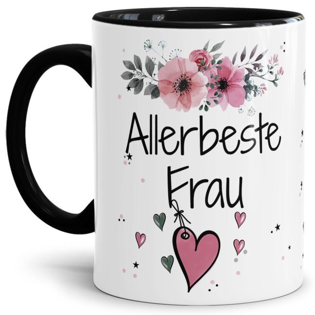 Liebevoll gestaltete Motivtasse - Innen & Henkel Schwarz - mit süßem Spruch - Allerbeste Frau. Ganz persönliches und originelles Geschenk und süße...