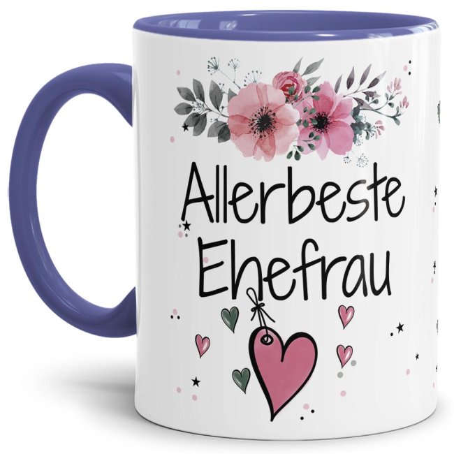 Liebevoll gestaltete Motivtasse - Innen & Henkel Cambridge Blau - mit süßem Spruch - Allerbeste Ehefrau. Ganz persönliches und originelles Geschenk...