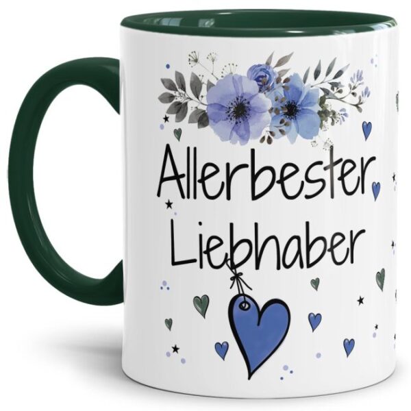 Liebevoll gestaltete Motivtasse - Innen & Henkel Dunkelgrün - mit süßem Spruch - Allerbester Liebhaber. Ganz persönliches und originelles Geschenk...