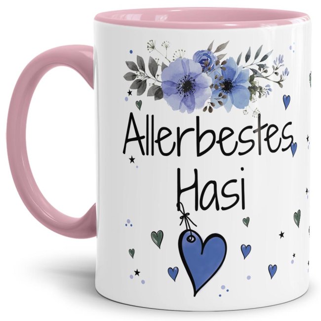 Liebevoll gestaltete Motivtasse - Innen & Henkel Rosa - mit süßem Spruch - Allerbestes Hasi männlich. Ganz persönliches und originelles Geschenk...