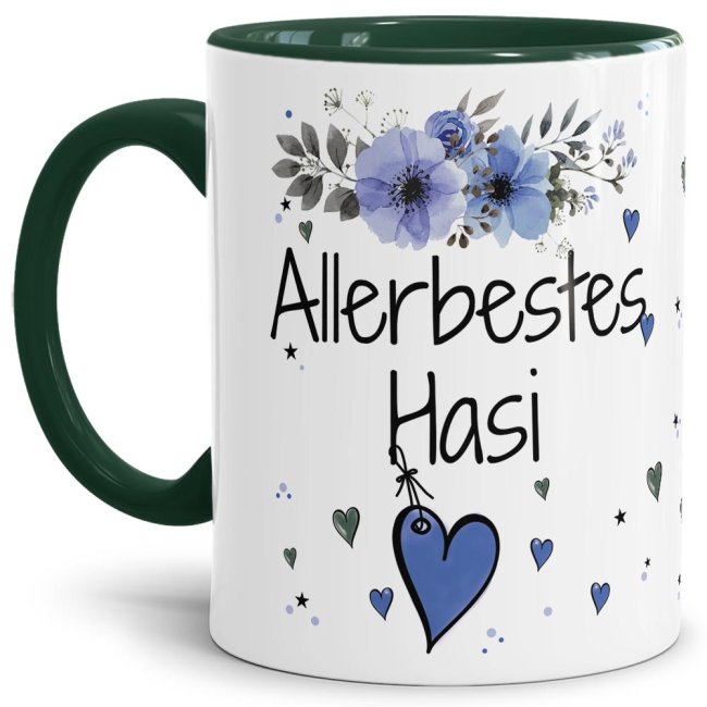 Liebevoll gestaltete Motivtasse - Innen & Henkel Dunkelgrün - mit süßem Spruch - Allerbestes Hasi männlich. Ganz persönliches und originelles...