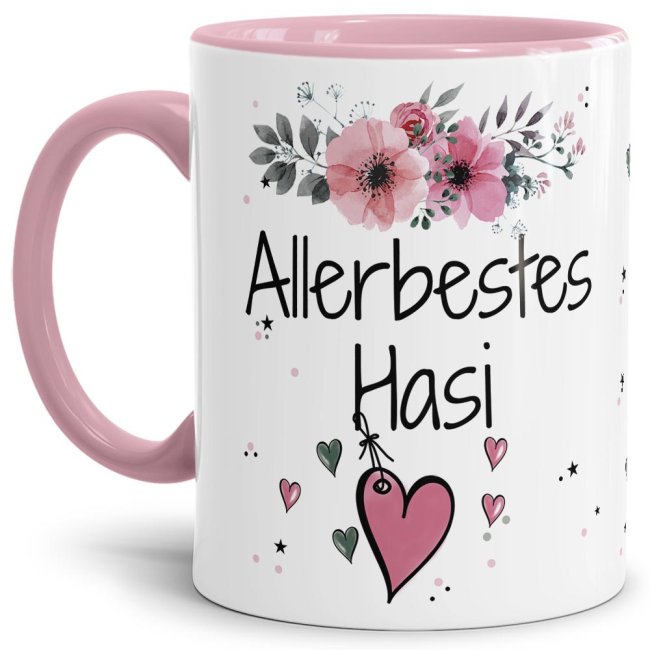 Liebevoll gestaltete Motivtasse - Innen & Henkel Rosa - mit süßem Spruch - Allerbestes Hasi weiblich. Ganz persönliches und originelles Geschenk...