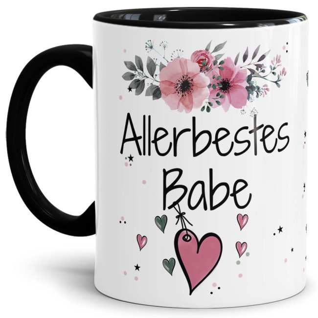 Liebevoll gestaltete Motivtasse - Innen & Henkel Schwarz - mit süßem Spruch - Allerbestes Babe weiblich. Ganz persönliches und originelles Geschenk...