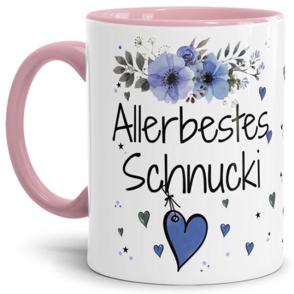 Liebevoll gestaltete Motivtasse - Innen & Henkel Rosa - mit süßem Spruch - Allerbestes Schnucki männlich. Ganz persönliches und originelles...