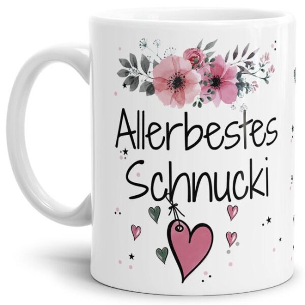 Liebevoll gestaltete Motivtasse - Weiß - mit süßem Spruch - Allerbestes Schnucki weiblich. Ganz persönliches und originelles Geschenk und süße...